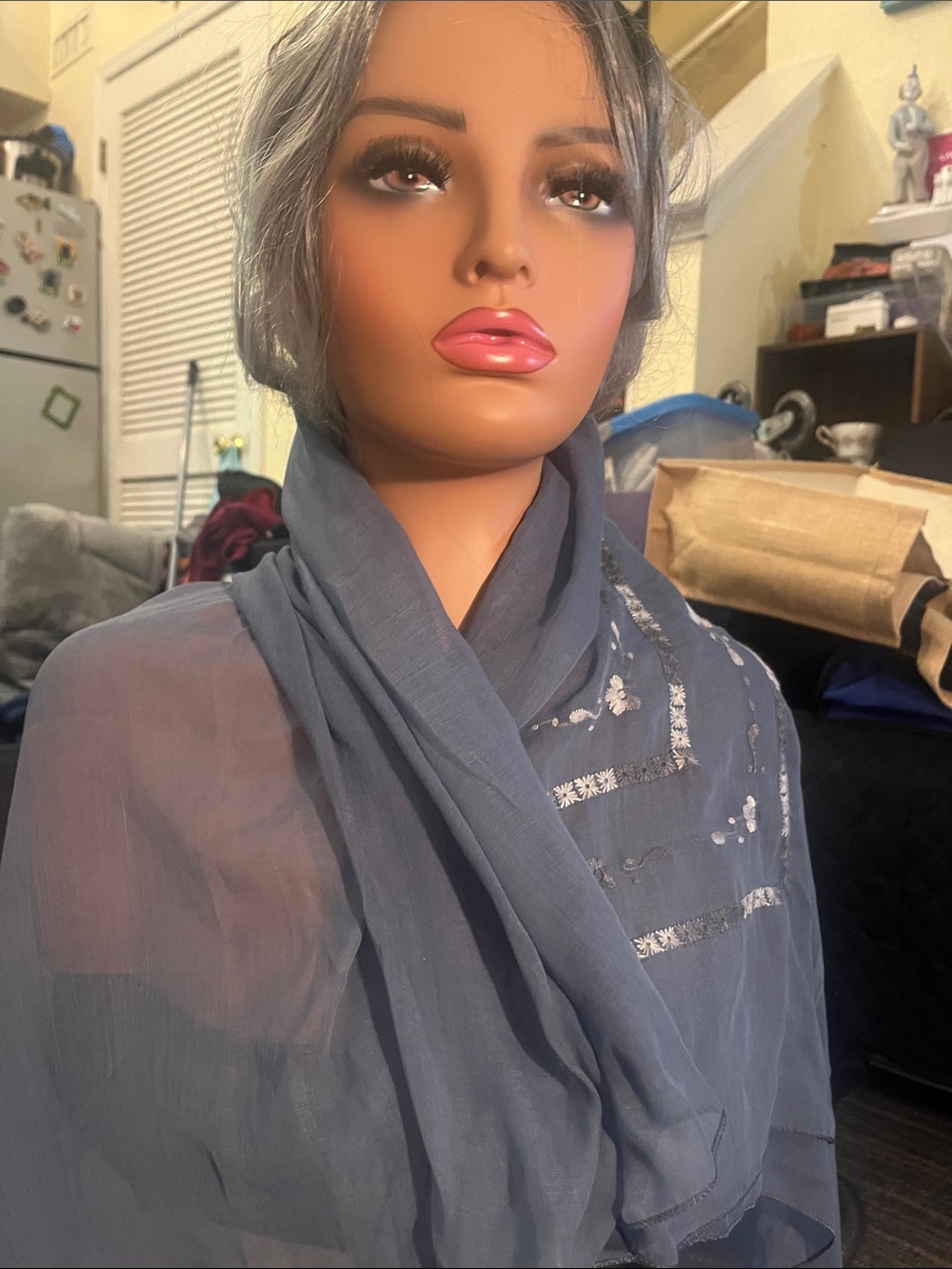 Sheer Slate Blue Women's Embroidered Scarf - Wrap vintage Paris Japan S199